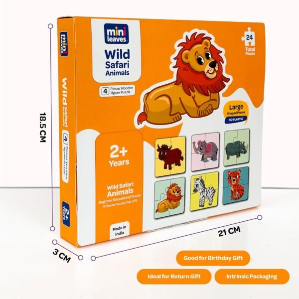 4 Piece Wooden Puzzle Set of 6 - Wild Animals - Kids Toys for 2-5 Years Boy - Educational Pre-School Toys, Safe & Durable, Zero Plastic, Vivid Printing - Image 6