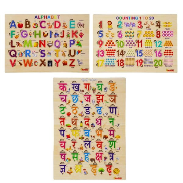 SIDAK Combo Hindi, English & 123 Wooden Alphabets 39 Hindi Alphabets, 26 English Alphabets, 1-20 Countings Educational Pegged Puzzle for Toddler 3-5 Years Old Preschool Learning Alphabets for Kids