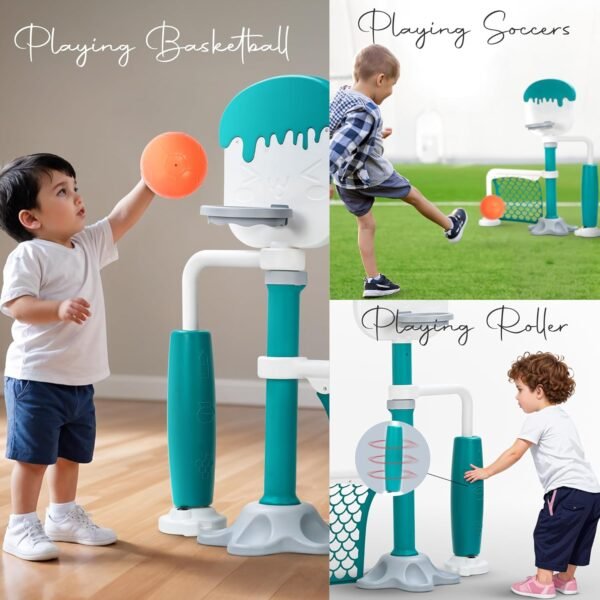 Baybee 3 in 1 Baby Basket Ball Set for Kids | Kids Indoor Play Area with 6 Height Adjustable, Basketball Hoop & Soccer | Basket Ball for Kid\'s at Home | Freestanding Kid Activity Toys for 2-5 Years - Image 4