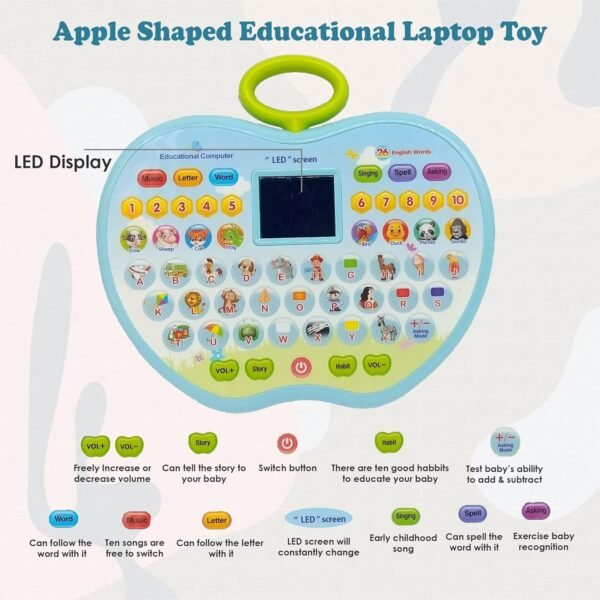 Apple Shape Educational Mini Computer Laptop Toy for Kids LED Display and Fun Music for Learning Alphabets Numbers Words and Animals 3-5 Years for boy and Girl (Blue) - Image 6