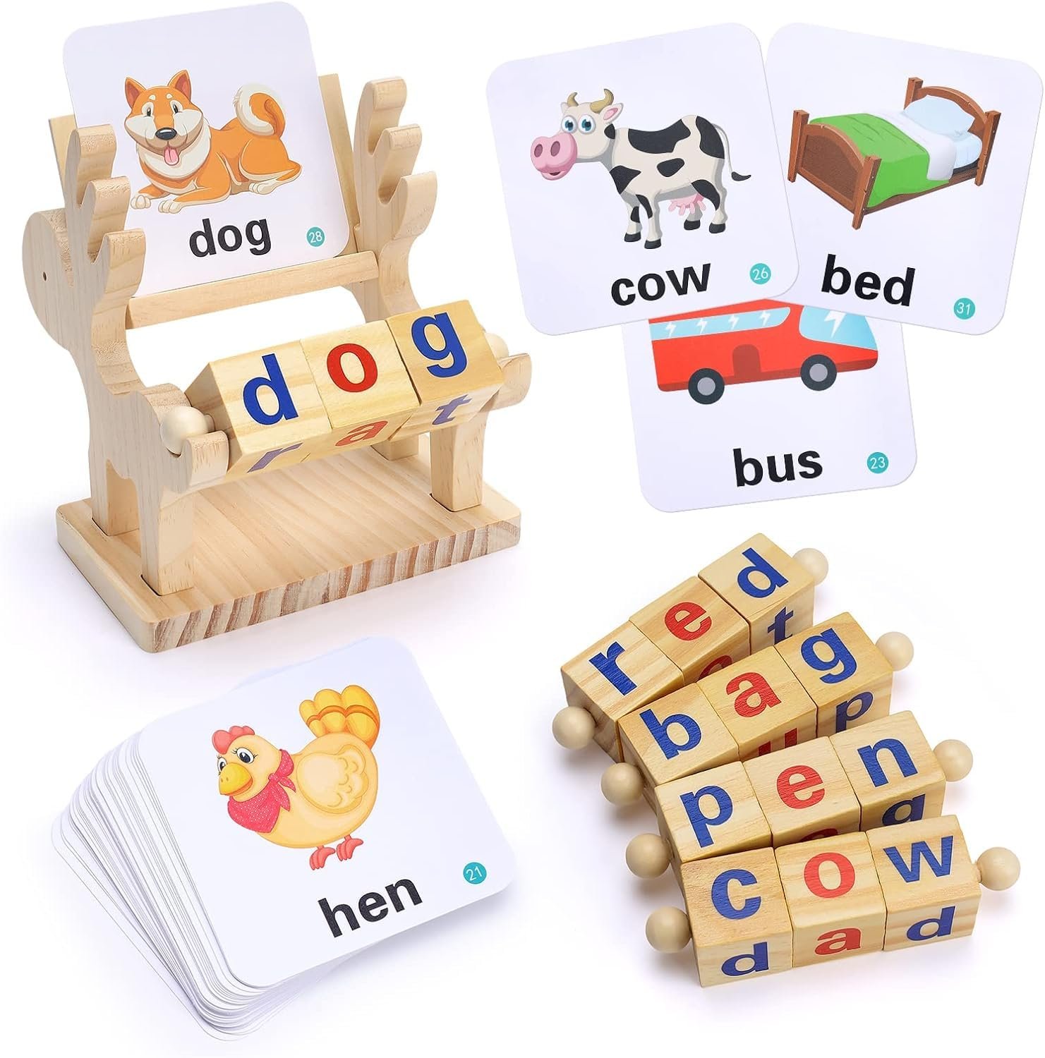 Montessori Educational Word Game for 3-7 Year Old Boys & Girls, Flash Cards & Word Blocks, Ages 3+