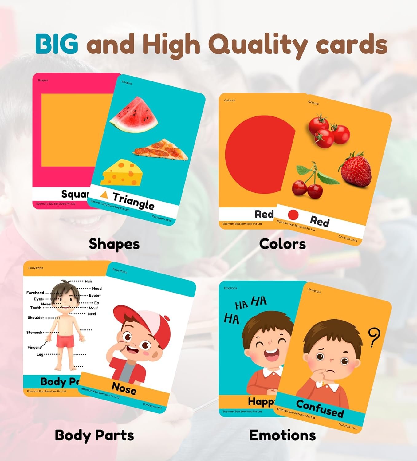 Edsmart Thick Flash Cards for Toddlers & Preschool Learning for Kids 1, 2, 3, 4 Years | Montessori Toys & Games (Colors, Shapes, Body Parts and Emotions) - Image 3