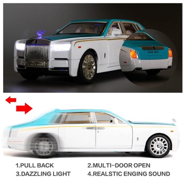 Model Car Zinc Alloy Pull Back Toy Diecast Toy Cars with Openable Doors, Sound and Light for Kids Boy Girl Gift (1:24 Rolls-RoycePhantom(Blue-White) - Image 3
