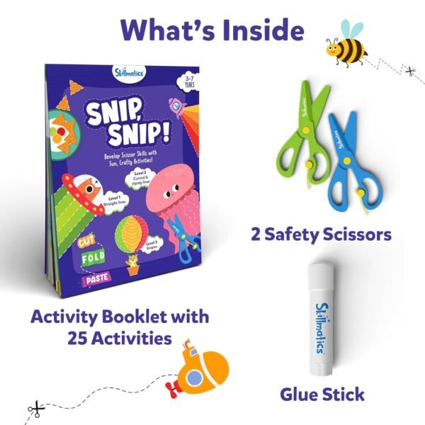 Skillmatics Scissor Skills Activity Book - Snip, Snip, Art & Craft Kit for Kids, 2 Child-Safe Scissors, 25 Fun Activities, Gifts for Girls & Boys Ages 3, 4, 5, 6, 7, Multicolour, Paper - Image 3