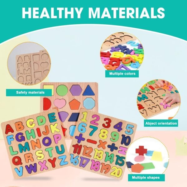 3pcs Wooden Learning Educational Board for Kids, Puzzle Toys for Toddlers & Preschoolers 2 Years Old ABCD Alphabets, Numbers & Shapes Puzzle Boy Girls Children(3pcs Alphabet,Numbers,Shape) - Image 5