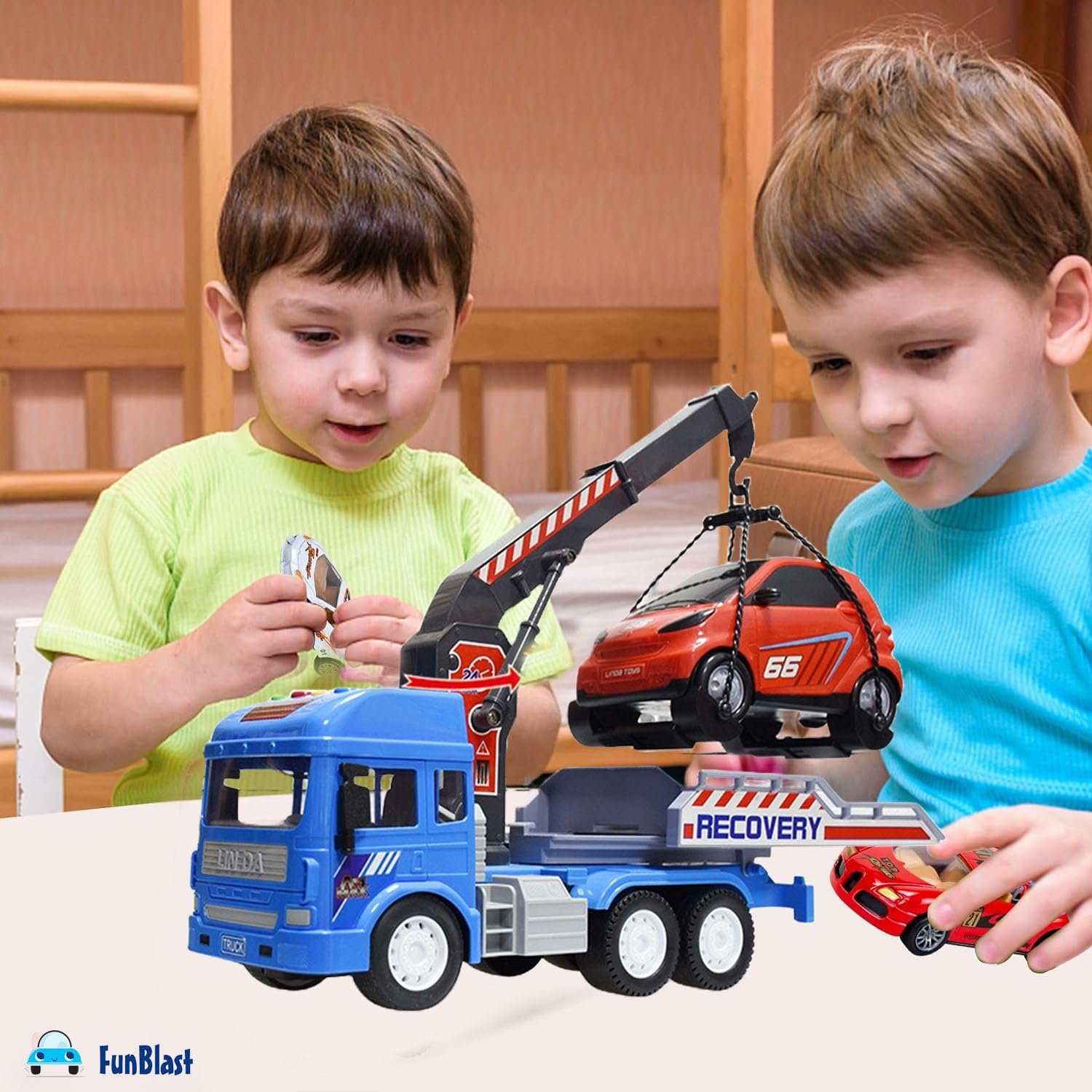 FunBlast Towing Crane Toy for Kids, Friction Power Toy Trucks with Crane and Car for 3+ Years Old Boys and Girls, Light & Sound Truck Toy for Kids with Car (Multicolor) - Image 2