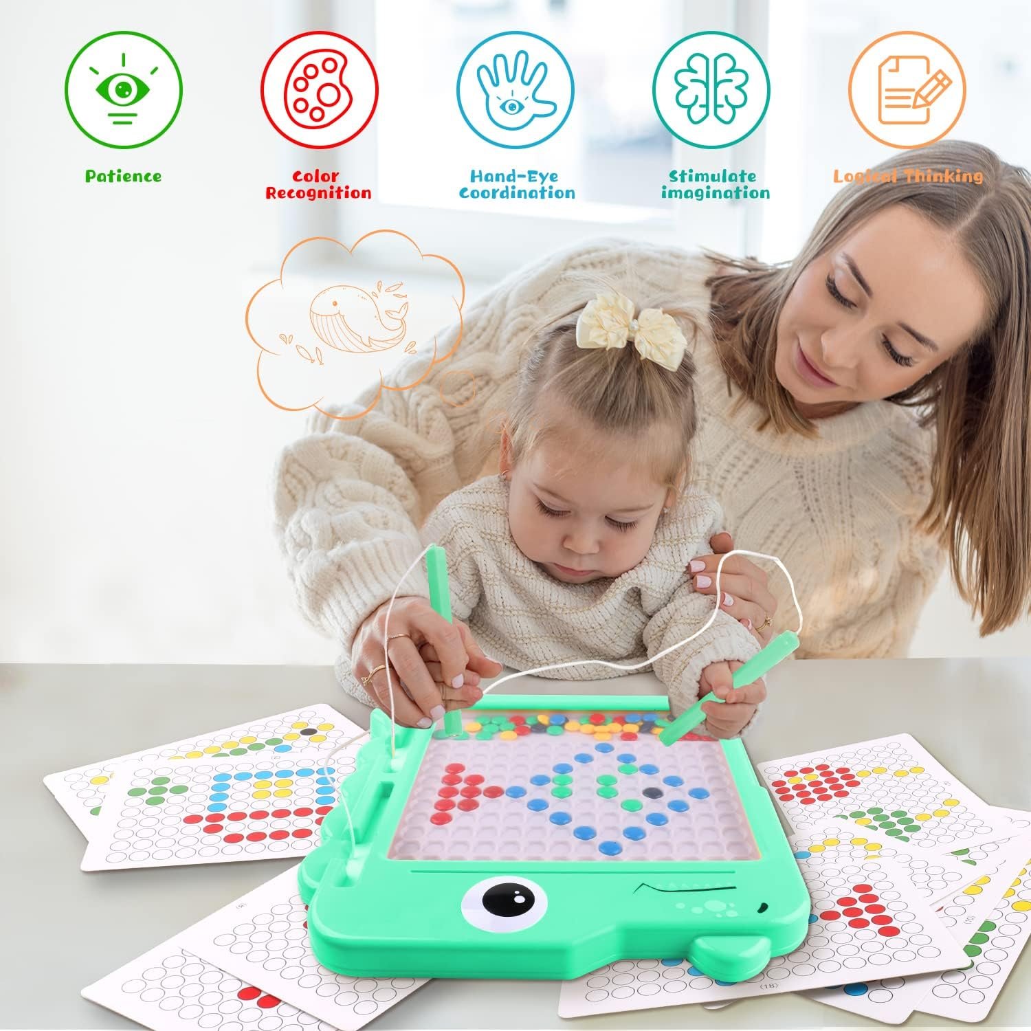 Magnetic Drawing Board for Kids, Children Doodle Board for Early Learning with Colorful Beads and 2 Magnetic Pens, Montessori Toy Magnetic Dot Board for 3-6 Year Old Kids - Image 3