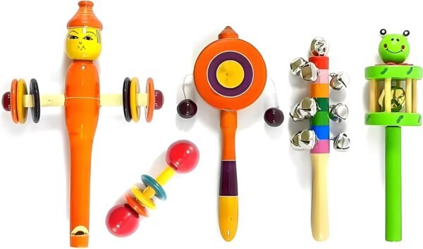 Wooden Rattles Toys for Babies, New Born Baby Toys, Infants, Kids - Set of 5 pcs - Non Toxic Colors - Discover Sensory Skills - Image 4