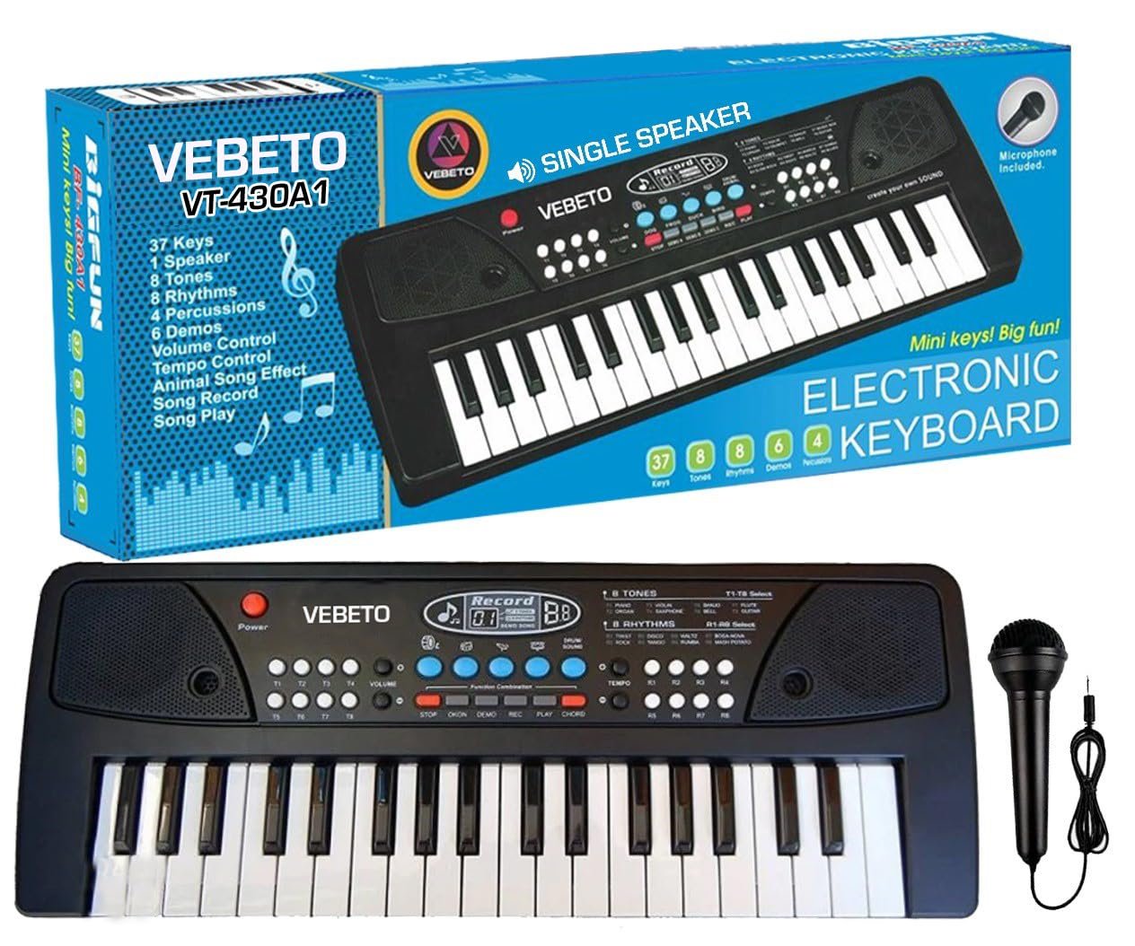 Kids Piano with Mic (1 Year Warranty) 37 Keys 8 Rhythms 8 Tones 6 Demos Portable Electronic Keyboard Toy Beginners Educational Songs Recording Musical Toys Age 2 3 4 5 Years Boys Girls