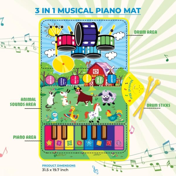 3-in-1 (Bull & Sheep ) Piano Mat for Toddlers, Piano & Drum Mat with 2 Sticks, Featuring Animal, Piano, and Drum Sounds, Educational Toy for 12 Months+, Ideal for 1-3 Year Toddler - Design 1 - Image 6