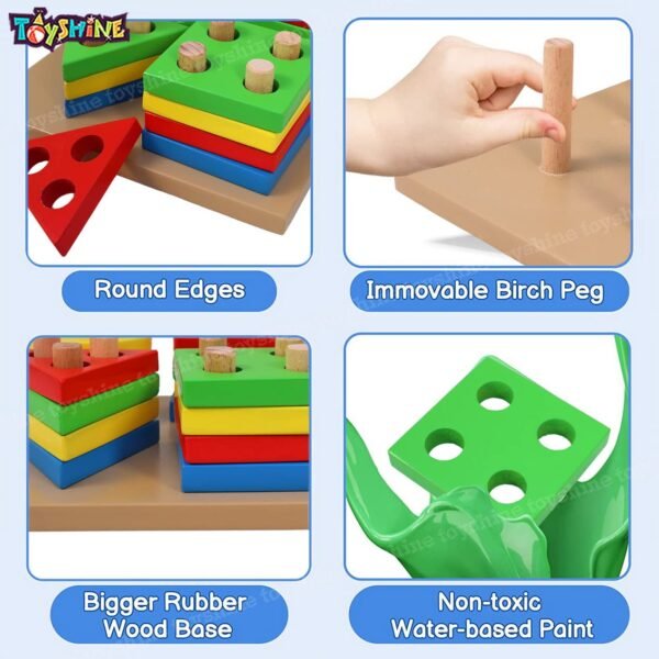 Toyshine Wooden Building Blocks Shapes Square Column Blocks Sorting & Stacking Toys For Kids Toddlers For 1 2 3 Year Old -Multi Color,1 Piece - Image 3