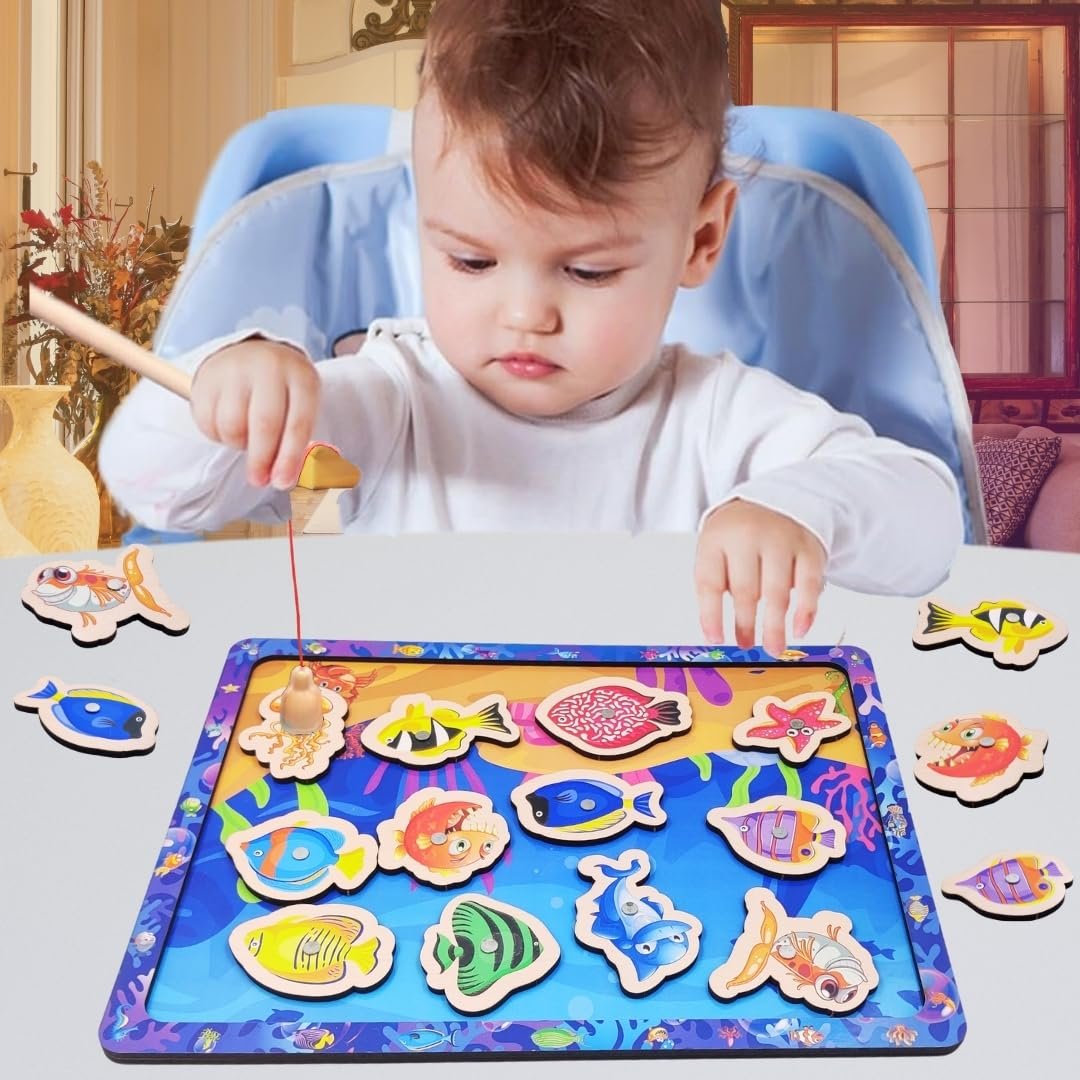PLUSPOINT 15 Pieces Wooden Magnetic Fishing Game for Kids 12 Fishes 2 Stick 1 Pool Tray Magnet Fish Game Wooden Magnetic Fishing Toys for Kindergarten Preschool Kids Girl Boy (Fish Tray) - Image 6