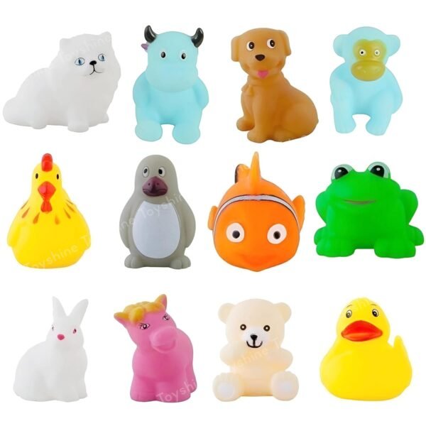 Toyshine 12 Pc Floating Non Toxic BPA Free Animal Bath Toys Chu Chu Sound Swimming Pool Shower Squeezy Toys for 1 2 3 4 Year Old Boys Girls Kids