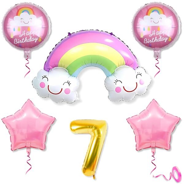 7th Rainbow Balloons for Birthday Decoration Kit Multicolour 7 year Baby Boys Girls Kids 5 Pcs Rainbow Theme Foil Balloons Decoration Set Items 2 Pcs Pink Star