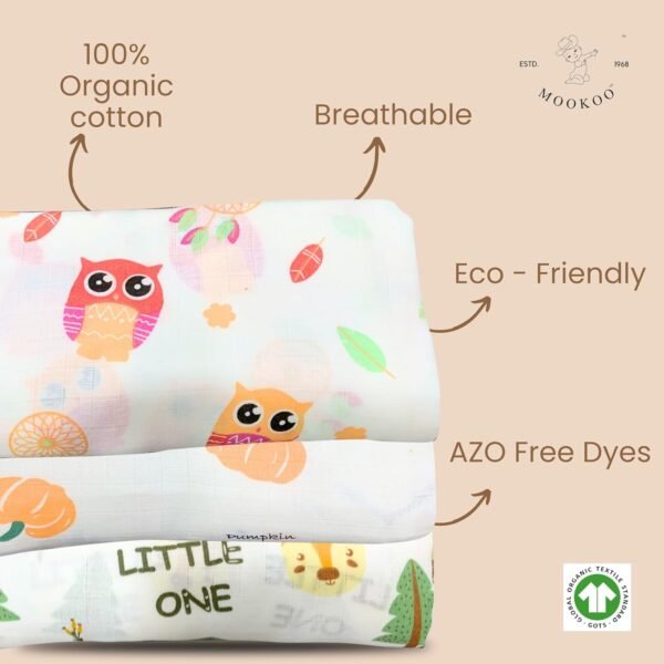Baby Muslin Bath Towel for Newborn Baby | Gentle & Ultra-Absorbent | Muslin Cloth Bath Towel for Newborns | Bat-Pumpkin-Owl Design | Pack of 3 | - Image 3