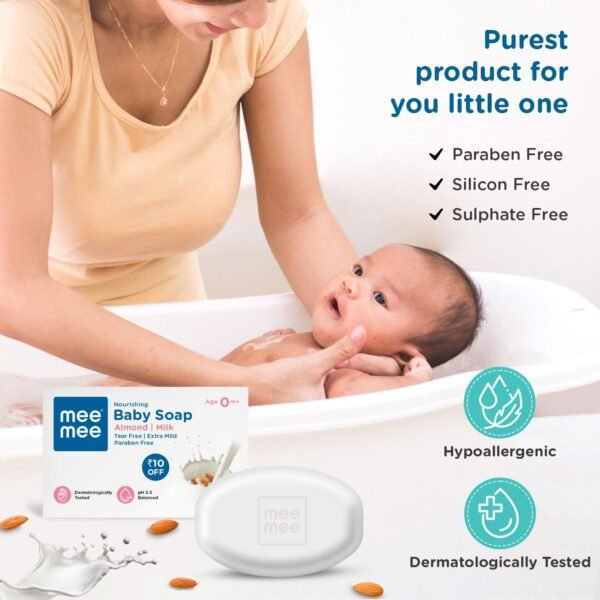 Mee Mee Gentle Baby Soap 75g (Pack of 3) | Gentle Bathing Bar Infused with Chamomile, Olive, Almond Oil, and Milk Extracts | Dermatologist Tested for Soft Baby Skin | Tear-Free Formula | Paraben Free - Image 6