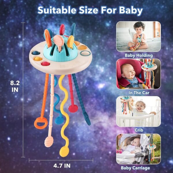 Kidology Soft Pull String Sensory Teething Toy for Babies 6 months & above | Food Grade Silicone teether | Montessori toys for travel | Fine Motor Skills, Fun activity for Toddlers (UFO), Multicolor - Image 2