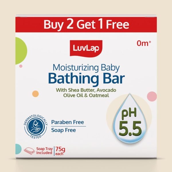 LuvLap Moisturizing Baby Bathing Bar, Baby soap with pH 5.5, with Shea Butter, Avocado, Olive Oil & Oatmeal, Paraben free, Dermatologically tested, with soap tray, 75g (pack of 3), Buy 2 Get 1 Free