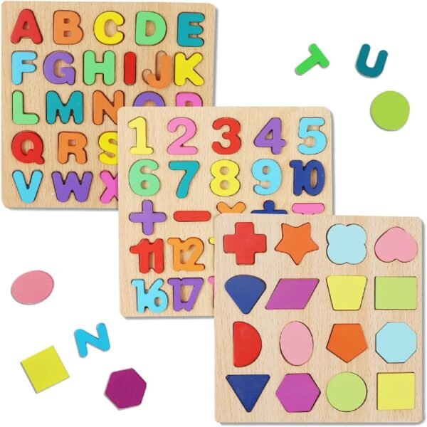 SHINETOY Wooden Puzzles for Toddlers, Wooden ABC Alphabet Number Shape Puzzles Toddler Learning Puzzle Toys for Kids 1-3 Years Old, 3 in 1 Early Education Gift for Kids