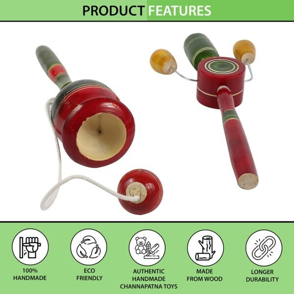 Channapatna Toys Wooden Cup and Ball Balancing and Rattle Toy for Kids (1 Year+) red & Green- Pack of 2 pcs- Develop Hand-Eye Coordination and Gross Motor Skills - Image 3