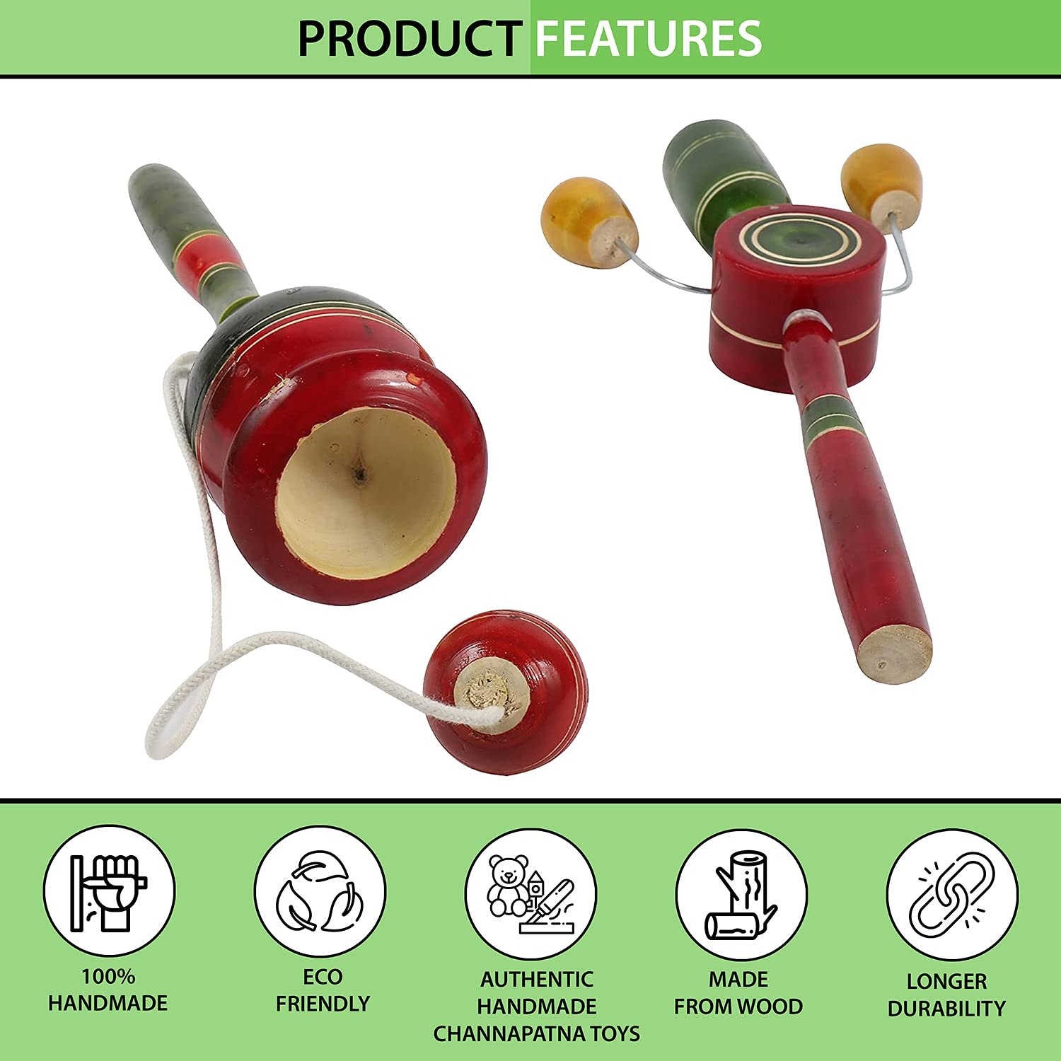 Channapatna Toys Wooden Cup and Ball Balancing and Rattle Toy for Kids (1 Year+) red & Green- Pack of 2 pcs- Develop Hand-Eye Coordination and Gross Motor Skills - Image 3