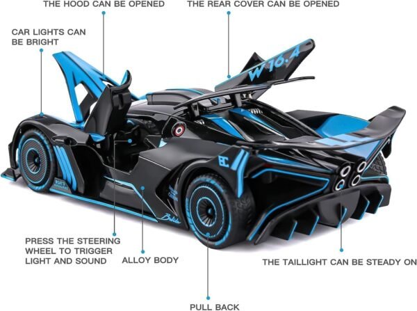 Exclusive Alloy Metal Pull Back Die-Cast Car 1:24 Big Bugatti Bolide Toy Car Diecast Metal Pullback Toy Car with Openable 6 Doors,Light Music Boys Gifts Toys(Bugatti Bolide-Blue) - Image 4