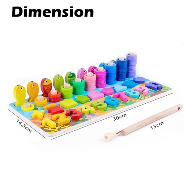 WISHKEY Wooden 6 in 1 Multifunctional Learning Board Puzzle, Numbers, Shapes, Fishing Game, Stacking, Montessori Game Educational Toys for Kids, Multicolour, 3+ Years (Pack of 1) - Image 2