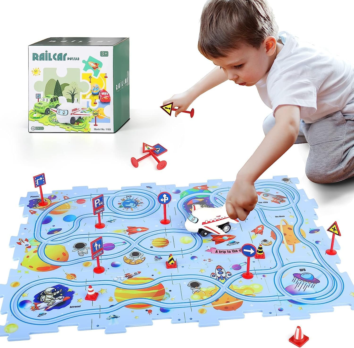 Car Puzzle Track Set for Kids with A Cute Vehicle Toddler Puzzle Track Play Set- Critical Thinking Educational Toys for 3-5 Year Old Boys Girls (Universe 25Pcs)