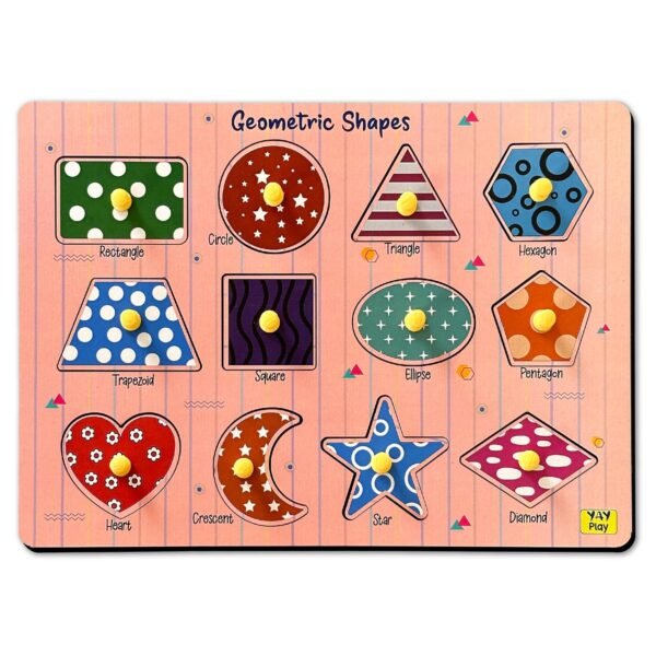 Yay Play Wooden Shape Puzzle - Educational Geometric Pegboard & Knob Puzzle for Kids Toys for 2-5 Years Boy, Learning Aid Shape Sorter for Toys for 2+ Year Old Boy, Durable & Vivid Print