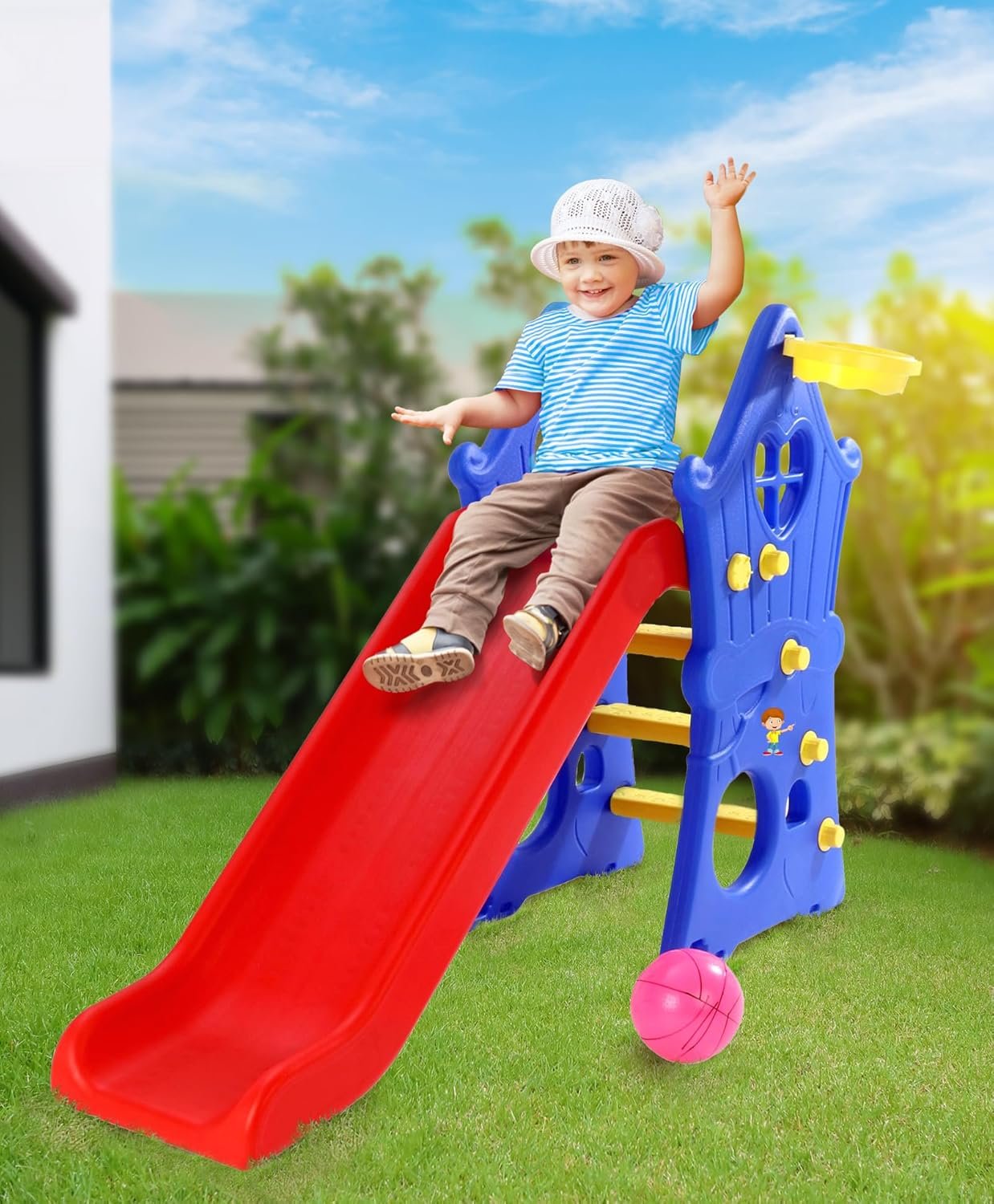 FLIPZON Foldable Hut Shape Sliders for Kid with Basket Ball Ring - Plastic Garden Slide for Kids/Baby Indoor Outdoor Games | Garden Slide for Kids 1-5 Years Boys & Girls