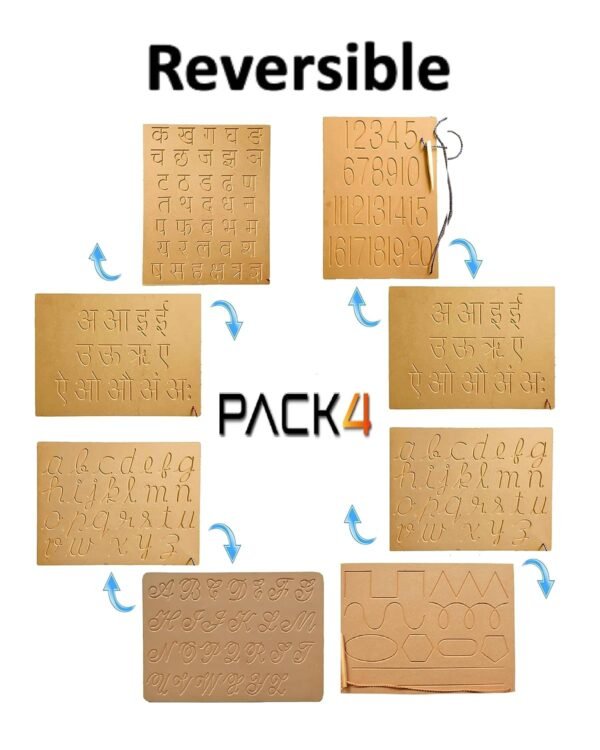 Wooden Tracing Board for Kids Reading & Writing Board with Pencil Educational Learning Toys 2 in 1 Slates for 2 Yr Kids Capital & Small, Cursive, Number, Pattern Varnamala & Hindi Ka KHA (Pack of 4) - Image 2
