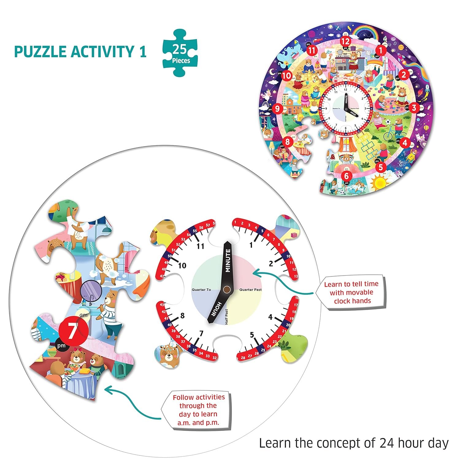 Chalk and Chuckles Tell The Time Clock Jigsaw Puzzle for Kids 3-6 Years, Educational & Learning Toys for Ages 4, 5 Year Old; Gift for Kids, Toddler, Preschool - Image 5