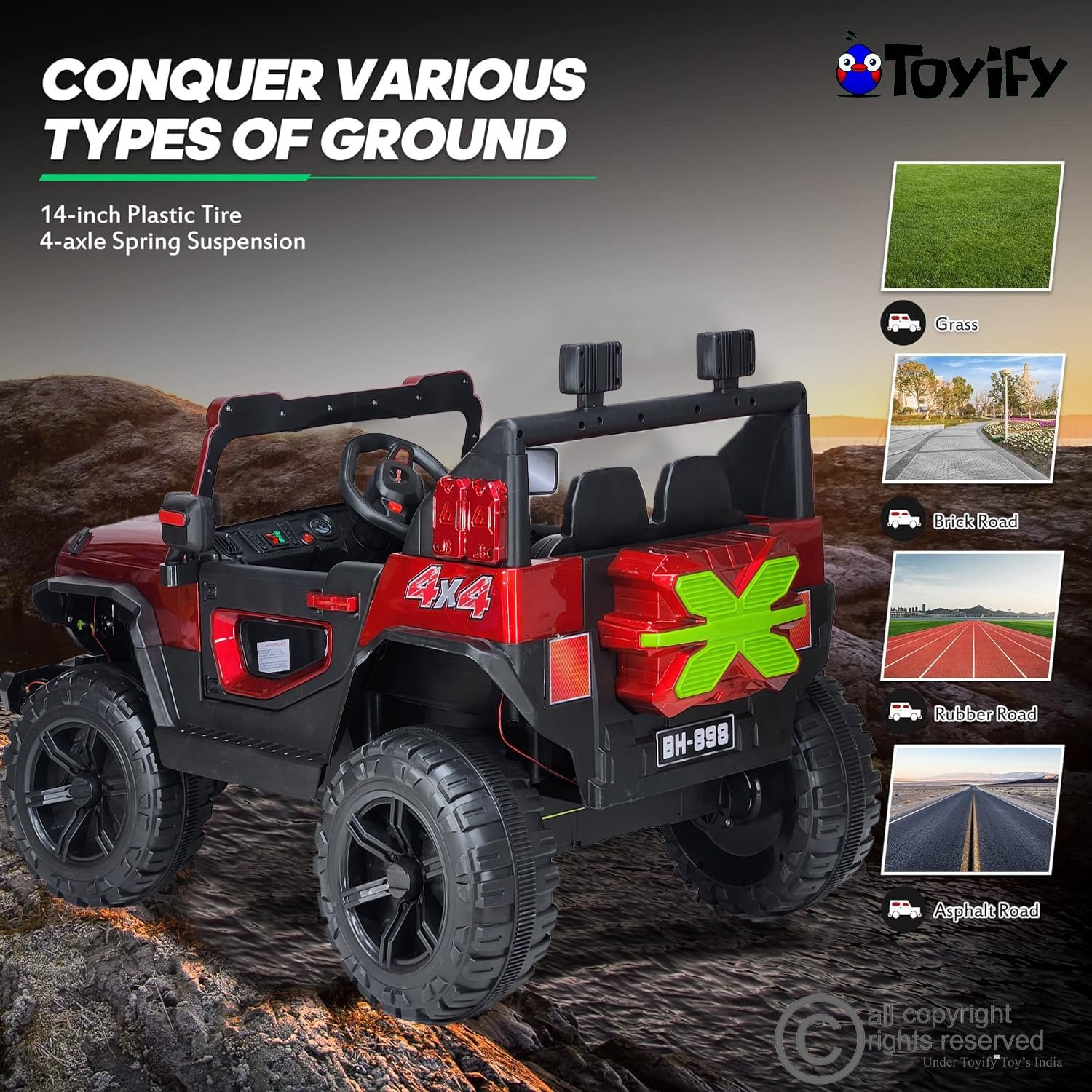 Driving Thar Jeep for Kids 1 to 8 Years | Driving Electric Car Toy Ride on | Loading Capacity of 50 Kg | Bluetooth Music Player | Remote Control & Manual Steering Drive (Benz-Red) - Image 4