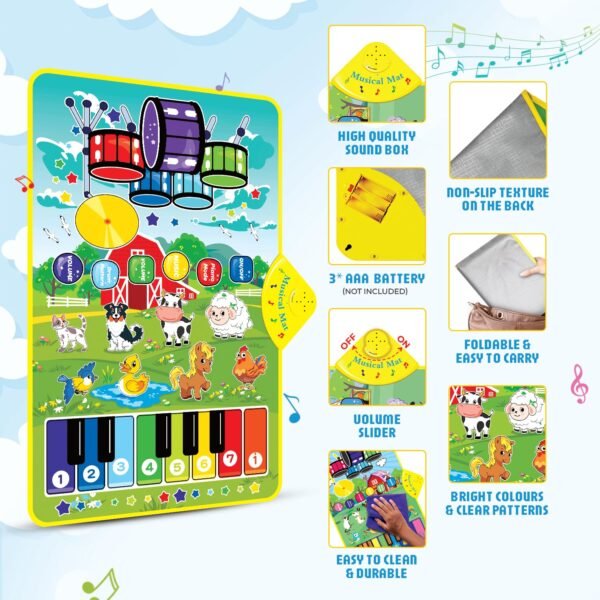 3-in-1 (Cow & Sheep ) Piano Mat for Toddlers, Piano & Drum Mat with 2 Sticks, Featuring Animal, Piano, and Drum Sounds, Educational Toy for 12 Months+, Ideal for 1-3 Year Toddler - Design 2 - Image 5