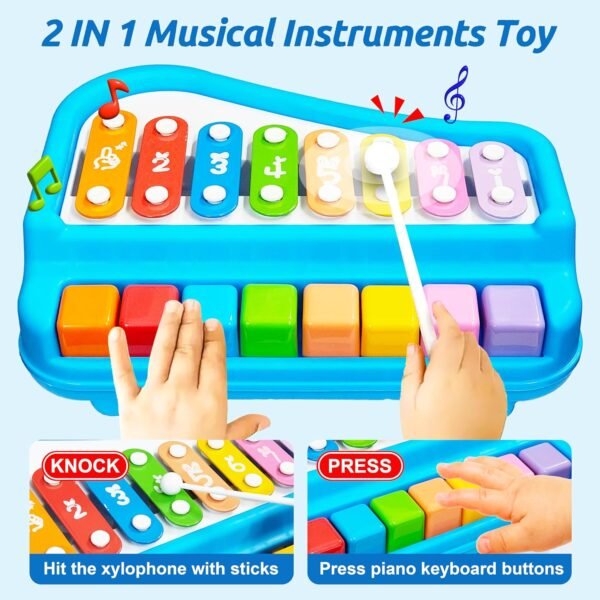VGRASSP 2 in 1 Big Xylophone and Piano Toy for Kids with 8 Colorful Keys and Drum Sticks - Musical Instrument Toy for Baby and Toddlers - Blue - Image 4