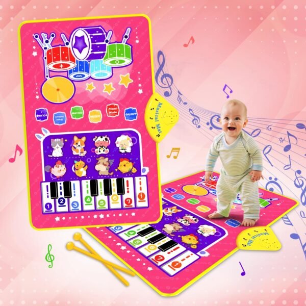 3-in-1 (Cat & Unicorn) Piano Mat for Toddlers, Piano & Drum Mat with 2 Sticks, Featuring Animal, Piano, and Drum Sounds, Educational Toy for 12 Months+,Ideal for 1-3 Year Toddler - Pink Design