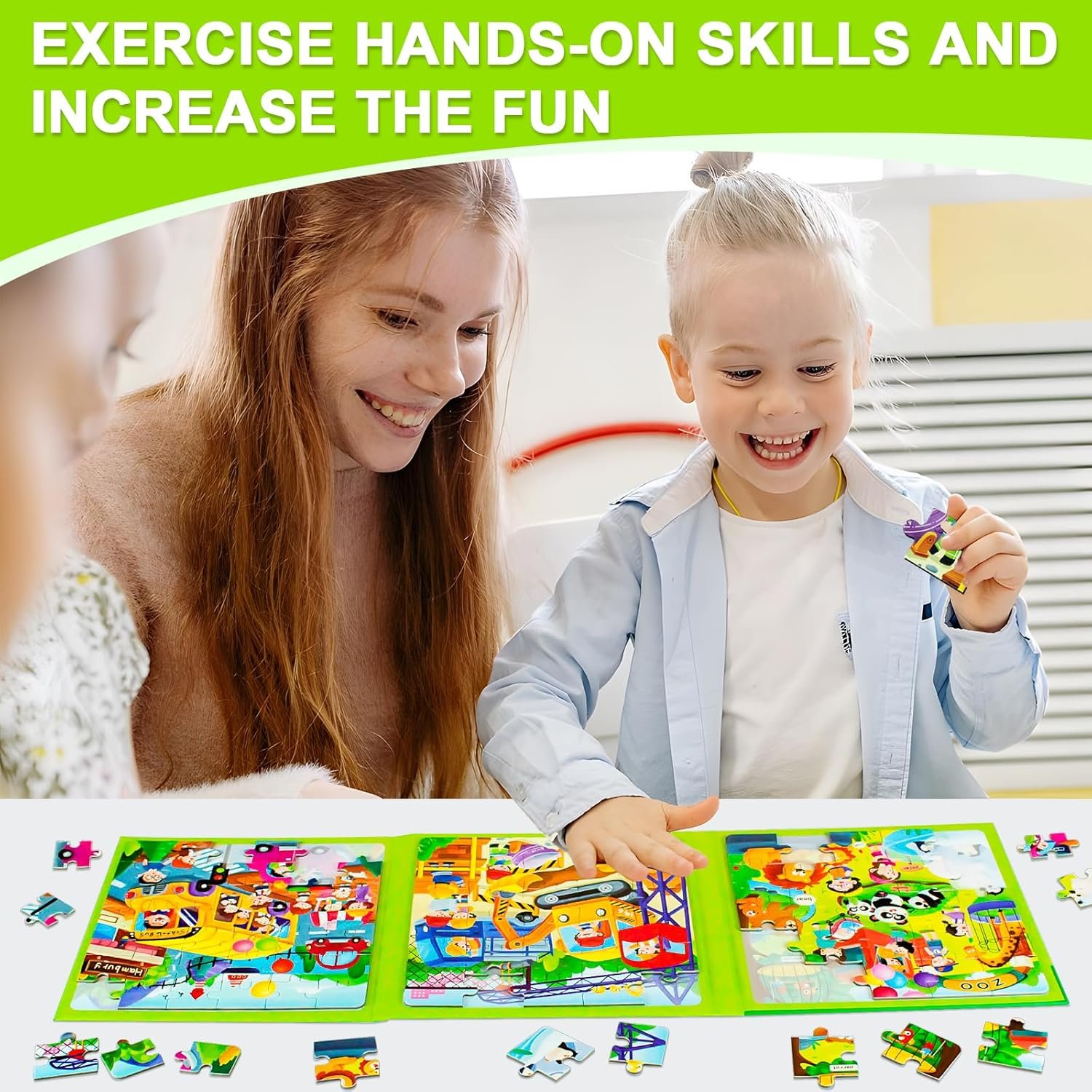 Magnetic Puzzles for Kids Ages 4-8, 3 in 1 Cartoon Jigsaw Puzzle Book, Kids Travel Puzzles Toys, Preschool Learning Toy for Kids 3-8 Year (Green Zoo) - Image 2