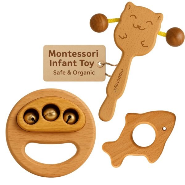 HippoToys Wooden Rattle Set, Baby Toys for 0 to 6 Months, Jhunjhuna for Baby 0 to 1 Years, Newborn Toys 0-3 Months, Wooden Gift Set for 3-6 Months, Montessori Toy for New Born, Safe & Non-Toxic