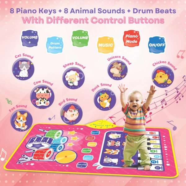 3-in-1 (Cat & Unicorn) Piano Mat for Toddlers, Piano & Drum Mat with 2 Sticks, Featuring Animal, Piano, and Drum Sounds, Educational Toy for 12 Months+,Ideal for 1-3 Year Toddler - Pink Design - Image 3