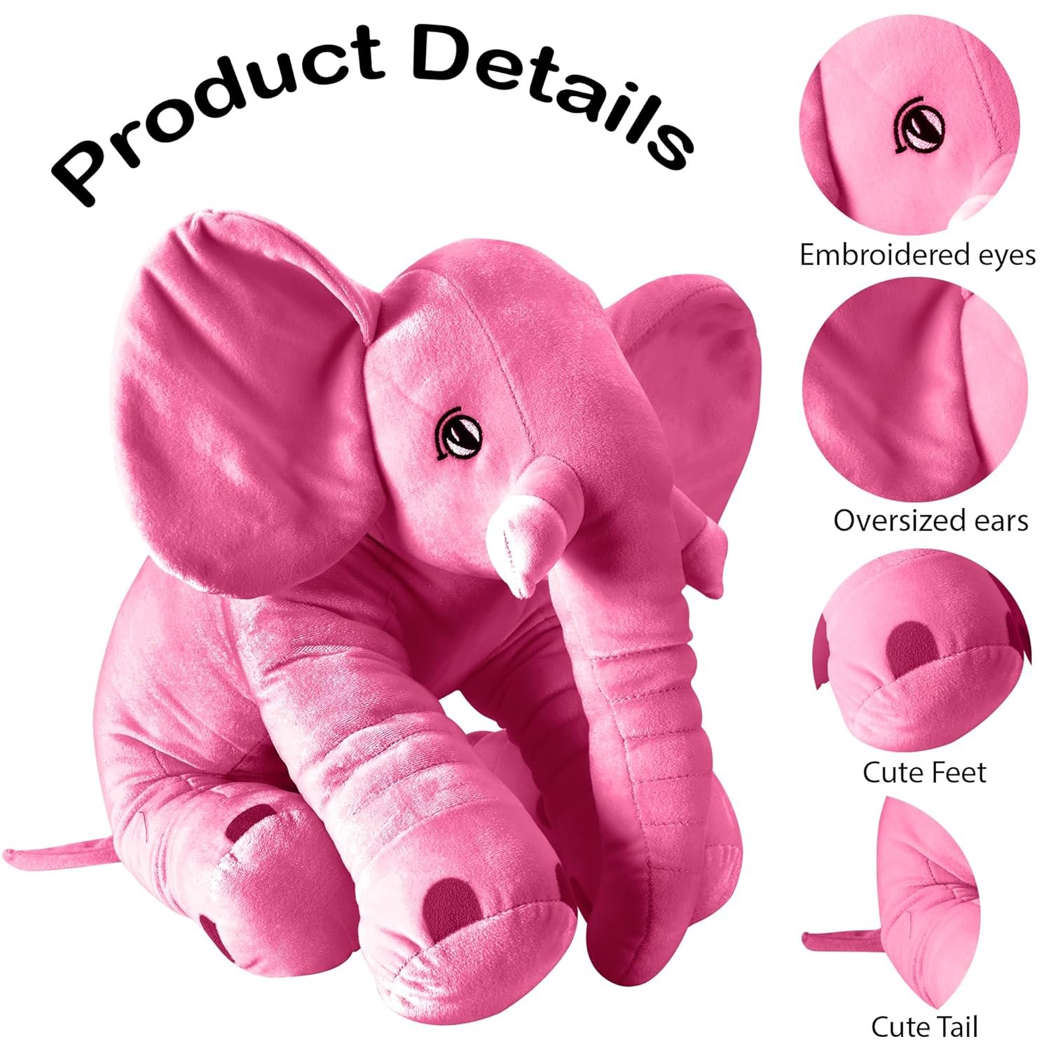 DearJoy Big Size Fibre Filled Stuffed Animal Elephant Soft Toy for Kids of Plush Hugging Soft Toy for Kids boy Girl Birthday Gift (3 Years+, 60 cm, Pink Color) - Image 2