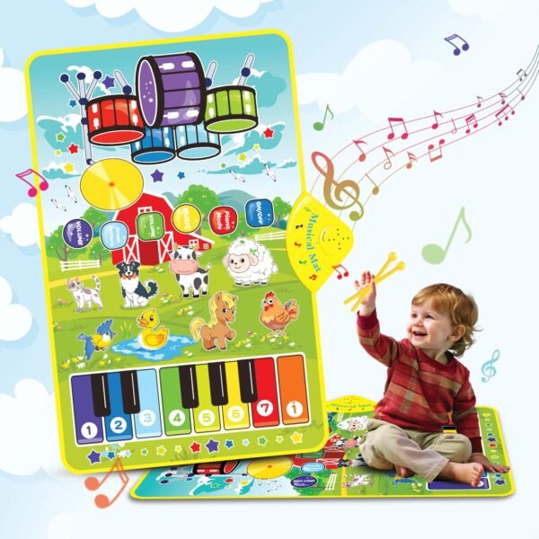 3-in-1 (Cow & Sheep ) Piano Mat for Toddlers, Piano & Drum Mat with 2 Sticks, Featuring Animal, Piano, and Drum Sounds, Educational Toy for 12 Months+, Ideal for 1-3 Year Toddler - Design 2