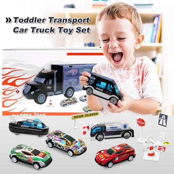 Toddler Toys For 3-4 Year Old Boys,Transport Cars Carrier Set Truck Toys With 20 Die-Cast Vehicles Truck Toys Cars,Ideal Gift Toys For Kids Age 3-7, Black - Image 3