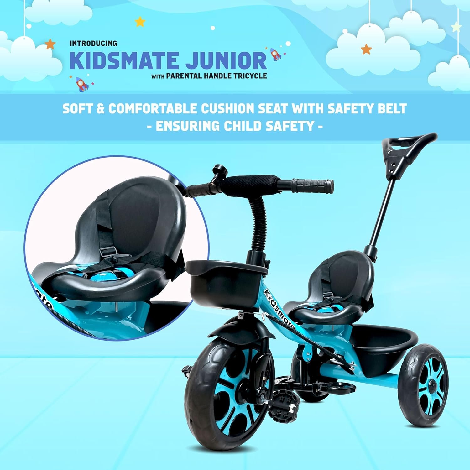 Kidsmate Junior Tricycle for Kids with Parental Control | Cycle for Kids 1-4 Years | Baby Cycle | Bicycle for Kids with Storage Basket, Cushion Seat and Seat Belt Carrying Capacity 30 Kgs (Blue) - Image 6