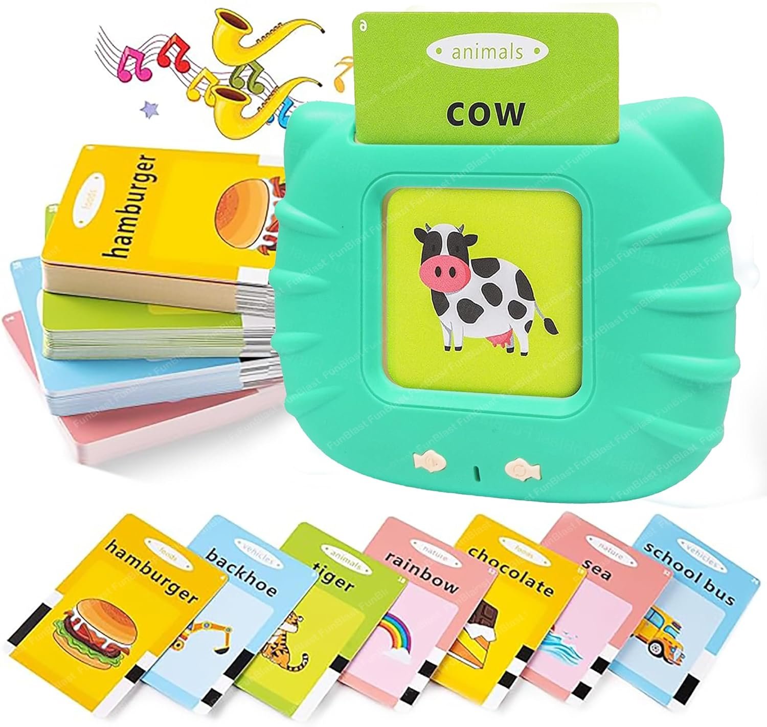 FunBlast Talking Flash Cards for Kids, Learning Toys for Kids, English Flash Cards, Montessori Educational Toys for 2-4 Year Old Kids, Boys, Girls -112 Double Sided Card (Green)