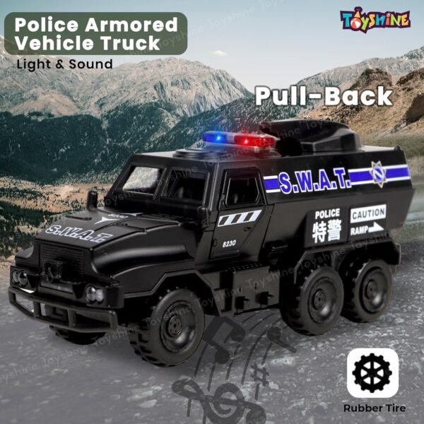 Toyshine 1:40 Scale Die Cast Pull Back High Simulation Police Armored Vehicle Truck Toy with Opening Doors, Light & Music Model Collection Educational Learning Toys for Kids 3+, Black - Image 4
