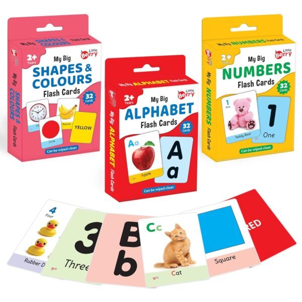 Big Flash Cards for Kids: Alphabets, Numbers, Shapes & Colours (Set of 3) | 96 Double-Sided Picture Cards | Early Learning and Development Toy for Preschoolers & Toddlers 2-6 Years