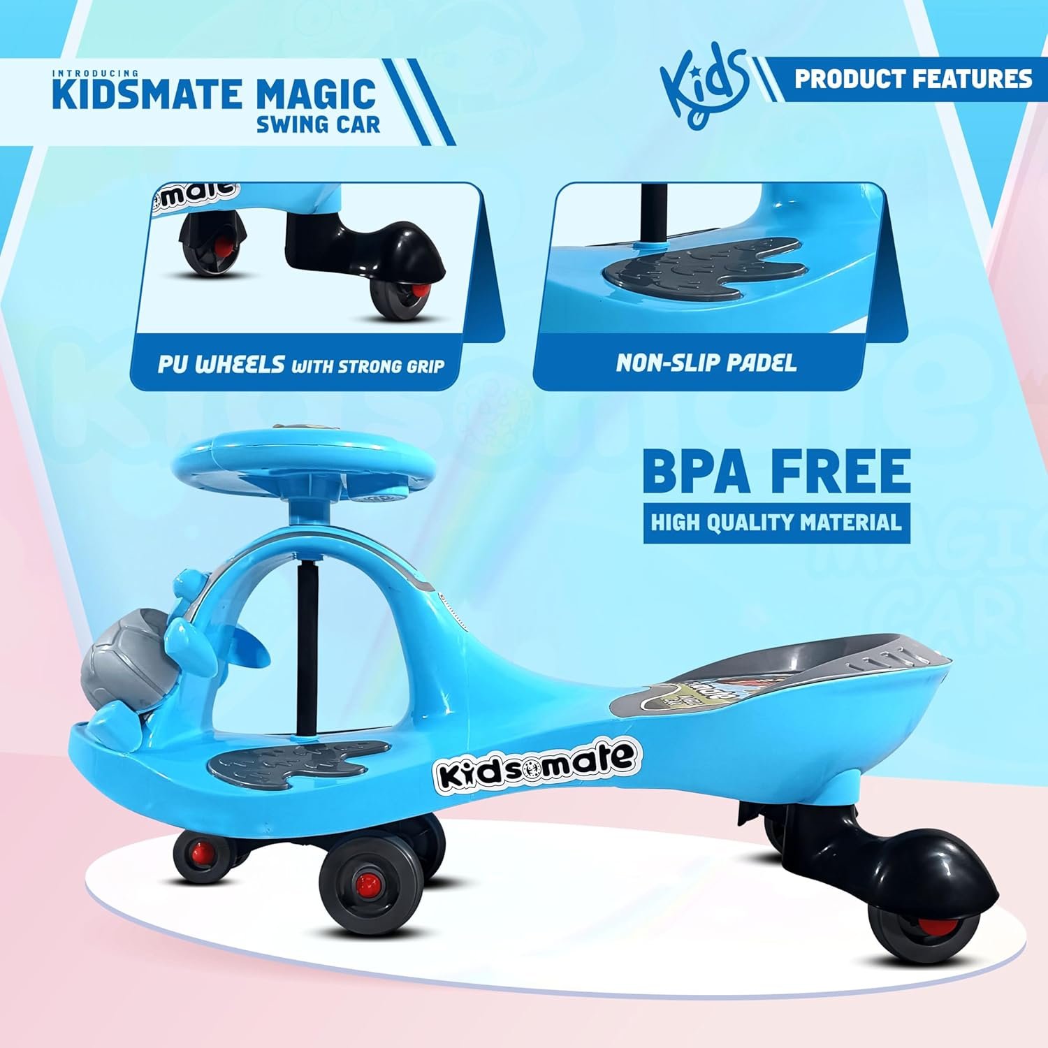 Kidsmate Magic Swing Car for Kids | 360° Rotating Baby Car | Kids Ride on Toy Car | Durable & Vibrant Design with Music & Lights | Indoor & Outdoor Use Kids Car with Wide seat | 3+ Years (Blue) - Image 5