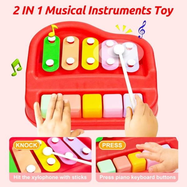 VGRASSP 2 in 1 Small Xylophone and Piano Toy for Kids with Colorful Keys and Drum Sticks - Musical Instrument Toy for Baby and Toddlers - Red - Image 4