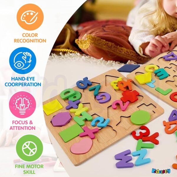 Kidology Wooden Puzzles for Toddlers for Kids Preschool Learning Toys, Wooden Montessori Toddler Puzzles Wooden Alphabet, Number, Shape Puzzles for Kids 2-4 Years Old (Alphabet + Shapes Puzzle - 2Pcs) - Image 4