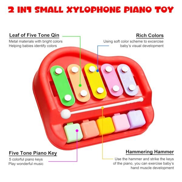 VGRASSP 2 in 1 Small Xylophone and Piano Toy for Kids with Colorful Keys and Drum Sticks - Musical Instrument Toy for Baby and Toddlers - Red - Image 5